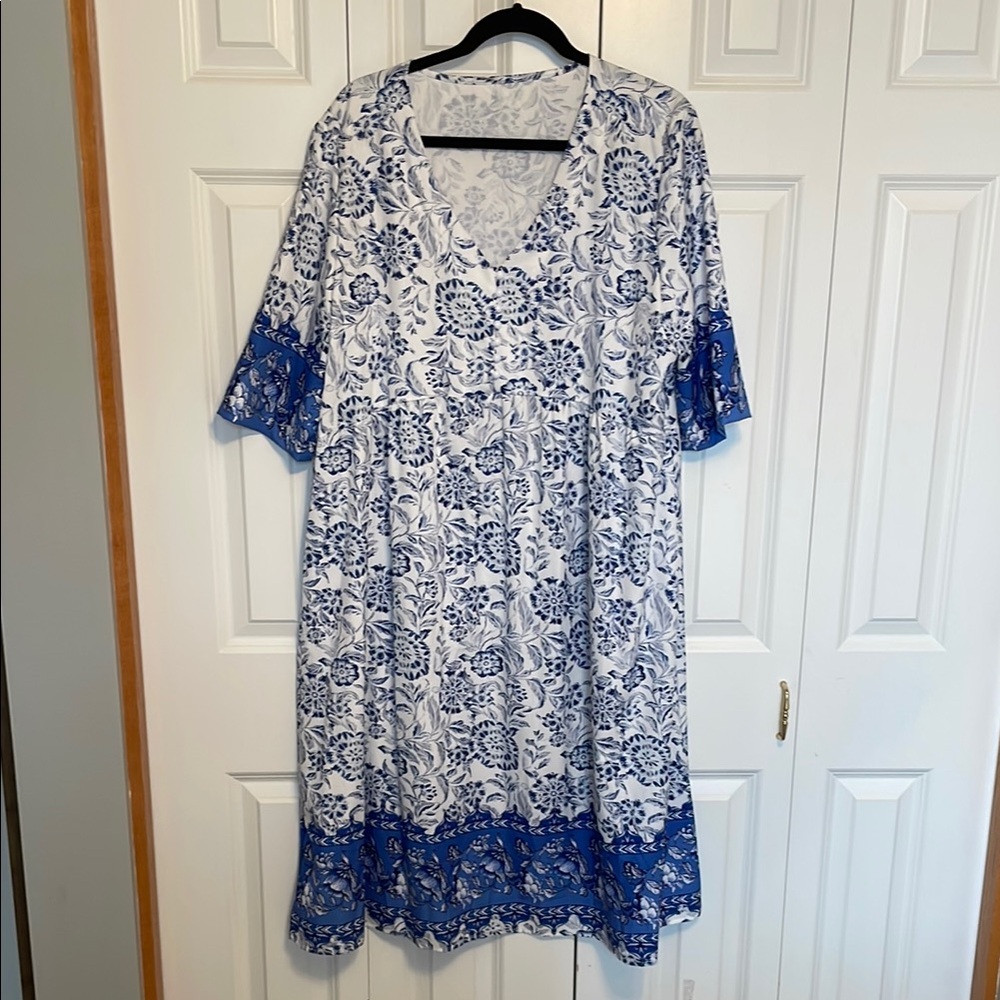 Blue Bell Sleeve V-Neck Midi Dress.